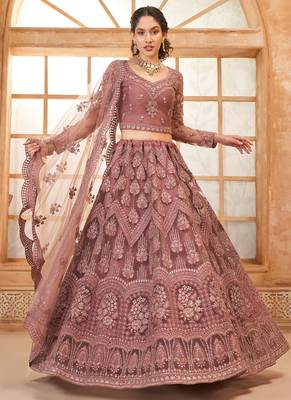 onion pink net thread work wedding lehenga 1