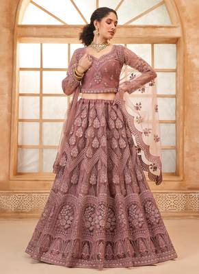 onion pink net thread work wedding lehenga 2