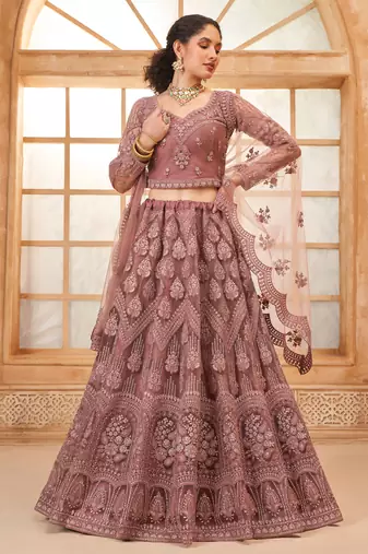 onion pink net thread work wedding lehenga