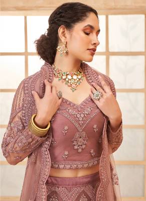 onion pink net thread work wedding lehenga 3