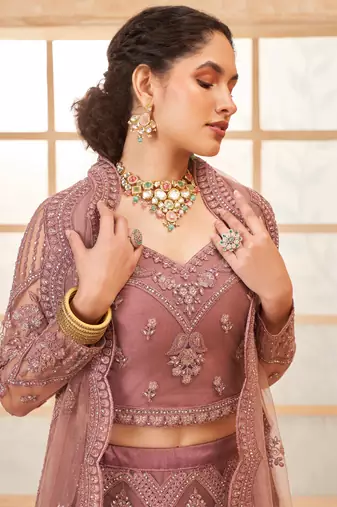 onion pink net thread work wedding lehenga