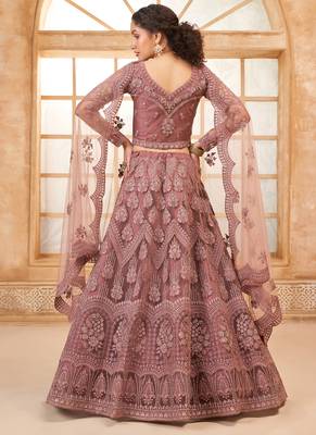 onion pink net thread work wedding lehenga 4