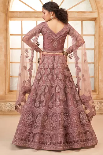 onion pink net thread work wedding lehenga