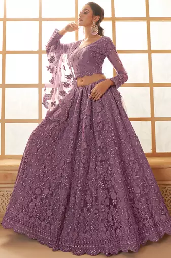 light purple net thread work wedding lehenga