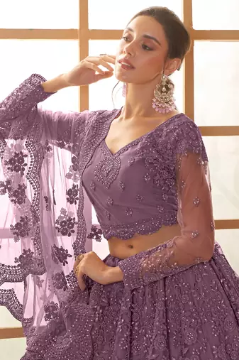 light purple net thread work wedding lehenga