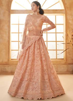 cream net thread work wedding lehenga 1