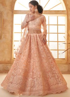 cream net thread work wedding lehenga 2