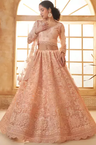 cream net thread work wedding lehenga