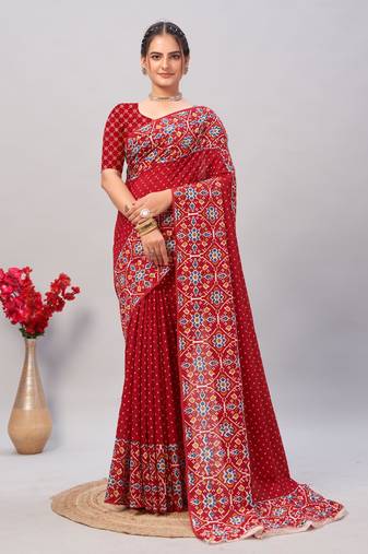 Soft cotton handicraft ajrakh print saree with blouse piece