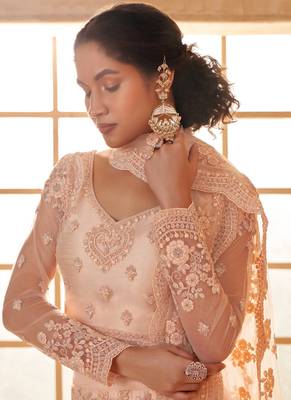 cream net thread work wedding lehenga 3