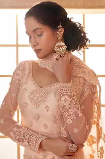 cream net thread work wedding lehenga
