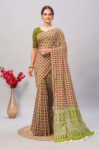 Soft cotton handicraft ajrakh print saree with blouse piece