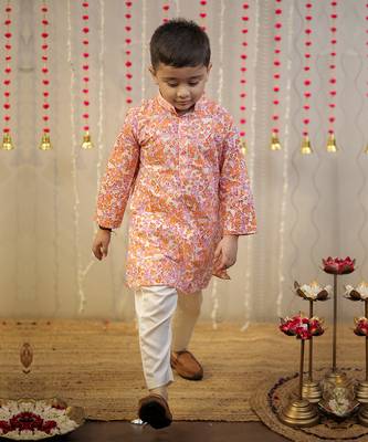 Peach orange block printed kurta set. 2