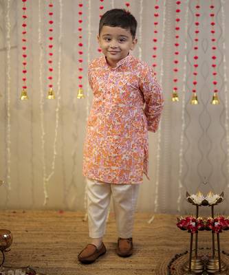 Peach orange block printed kurta set. 1