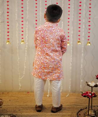 Peach orange block printed kurta set. 3
