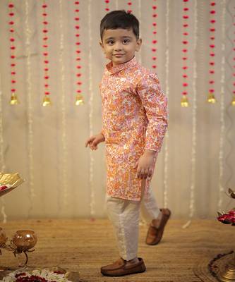 Peach orange block printed kurta set. 4
