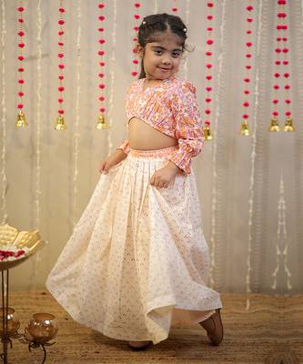 Peach orange block printed crop top with skirt. 1