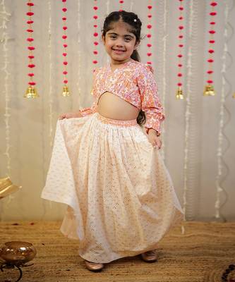 Peach orange block printed crop top with skirt. 2