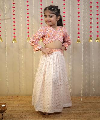 Peach orange block printed crop top with skirt. 4
