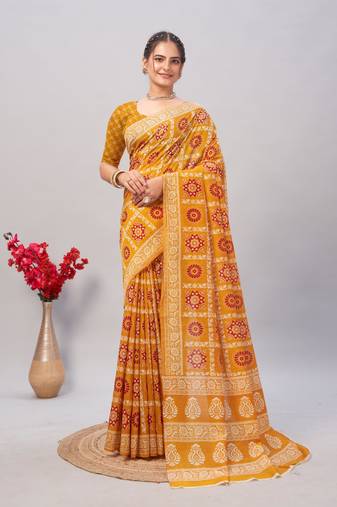 Soft cotton handicraft ajrakh print saree with blouse piece