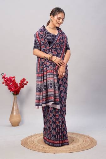 Soft cotton handicraft ajrakh print saree with blouse piece