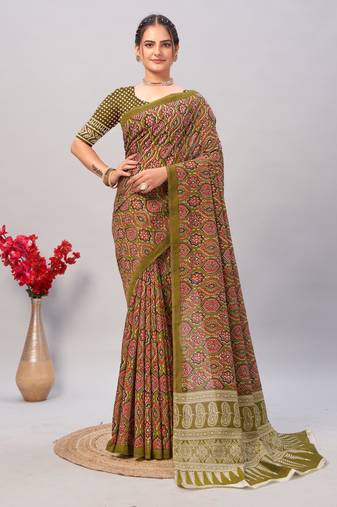 Soft cotton handicraft ajrakh print saree with blouse piece