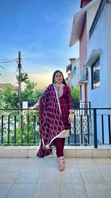Pure Blooming Rangoli Silk Fabric Straight Fit Embroidery Work Maroon Kurta With Dupatta And Trousers 1