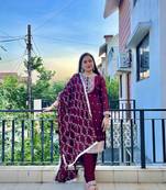 Pure Blooming Rangoli Silk Fabric Straight Fit Embroidery Work Maroon Kurta With Dupatta And Trousers
