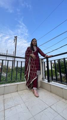 Pure Blooming Rangoli Silk Fabric Straight Fit Embroidery Work Maroon Kurta With Dupatta And Trousers 2