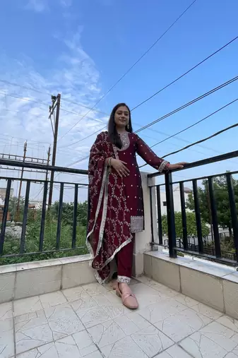 Pure Blooming Rangoli Silk Fabric Straight Fit Embroidery Work Maroon Kurta With Dupatta And Trousers