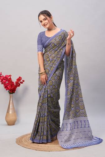 Soft cotton handicraft ajrakh print saree with blouse piece