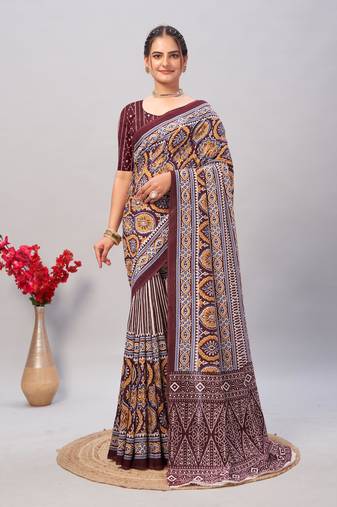 Soft cotton handicraft ajrakh print saree with blouse piece
