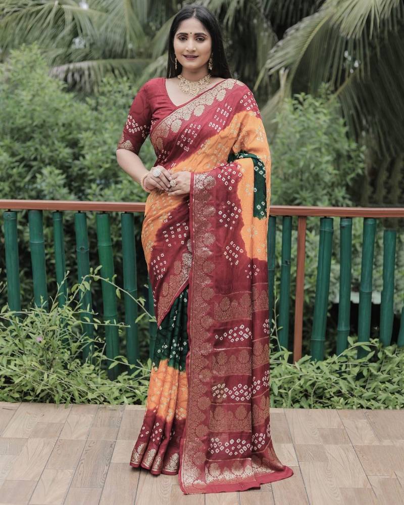 Multicolor Comfortable Bandhej Silk Drapes That Is Super Stylish And Pretty Bandhani Saree
