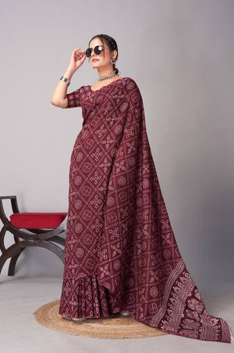 Soft cotton handicraft ajrakh print saree with blouse piece