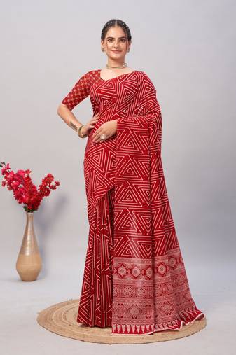 Soft cotton handicraft ajrakh print saree with blouse piece