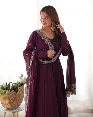 Roman Silk Chanderi Fabric Fully Flair Gown With Dupatta And Pent 5