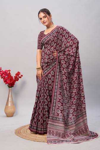 Soft cotton handicraft ajrakh print saree with blouse piece