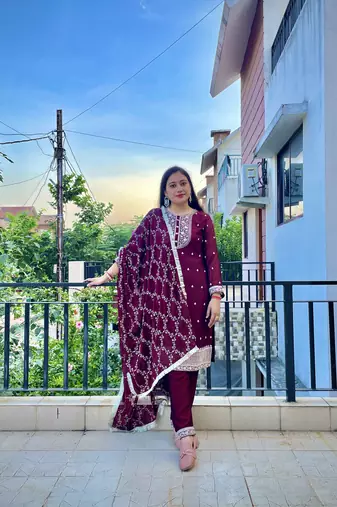Pure Blooming Rangoli Silk Fabric Straight Fit Embroidery Work Kurta With Dupatta And Trousers