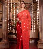 Orange pure mol cotton heart embroidery saree with running blouse piece