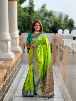 Parrot Green Soft Paithani Silk Saree With Zari Weaving Contrast Blouse 1