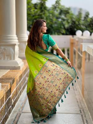 Parrot Green Soft Paithani Silk Saree With Zari Weaving Contrast Blouse 2
