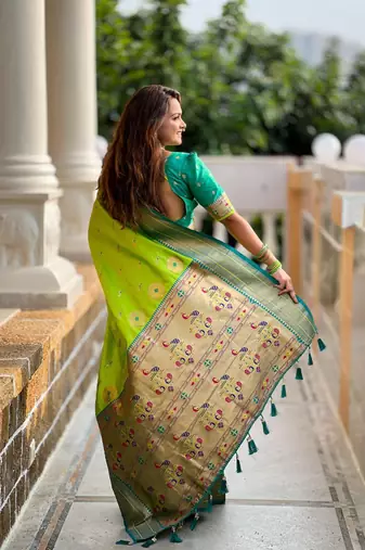 Parrot Green Soft Paithani Silk Saree With Zari Weaving Contrast Blouse
