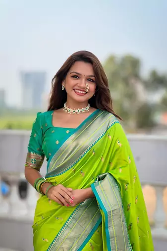 Parrot Green Soft Paithani Silk Saree With Zari Weaving Contrast Blouse