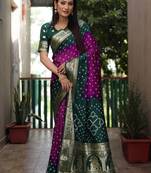 Green Bandhej Silk Saree,Jari Weaving Border Saree