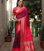 Red Bandhej Silk Saree,Jari Weaving Border Saree