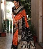 Black Bandhej Silk Saree,Jari Weaving Border Saree