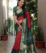 Dark-Green Bandhej Silk Saree,Jari Weaving Border Saree