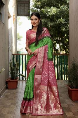 Light-Pink Bandhej Silk Saree,Jari Weaving Border Saree 3