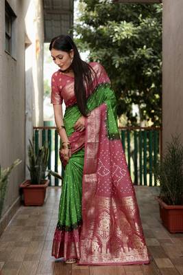 Light-Pink Bandhej Silk Saree,Jari Weaving Border Saree 1