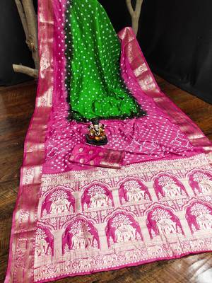 Light-Pink Bandhej Silk Saree,Jari Weaving Border Saree 5